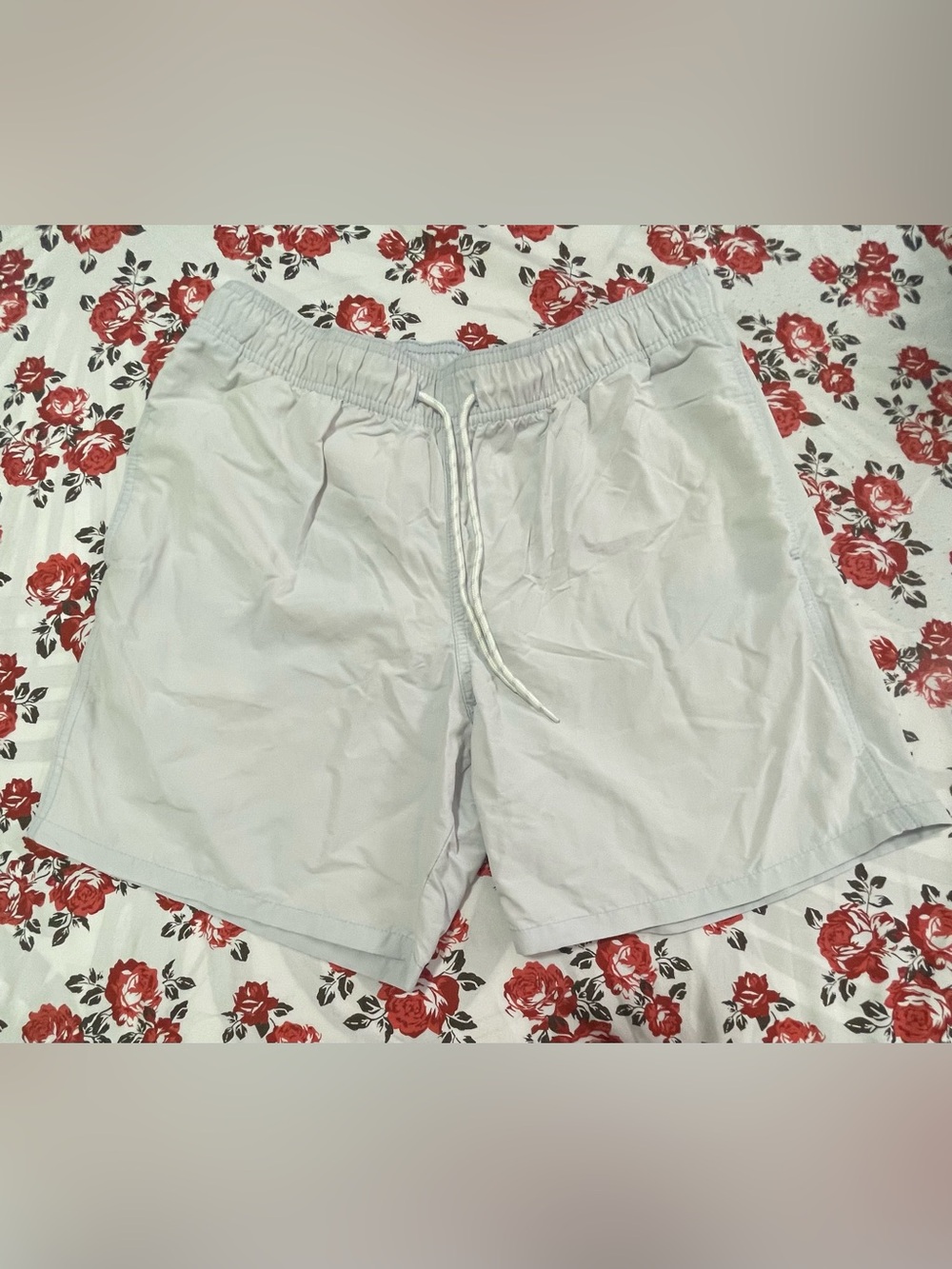 Men's Light Gray Swim Trunks with Elastic Waist and Drawstring